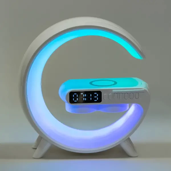 Портативна колонка c RGB-підсвічуванням BT/TF/Wireless Charger/USB/FM/AUX/Clock 15 Вт, біла