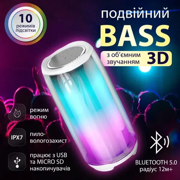 Портативна колонка Pulse 5 BT/TF/FM/AUX/USB з підсвіткою 8 Вт, біла